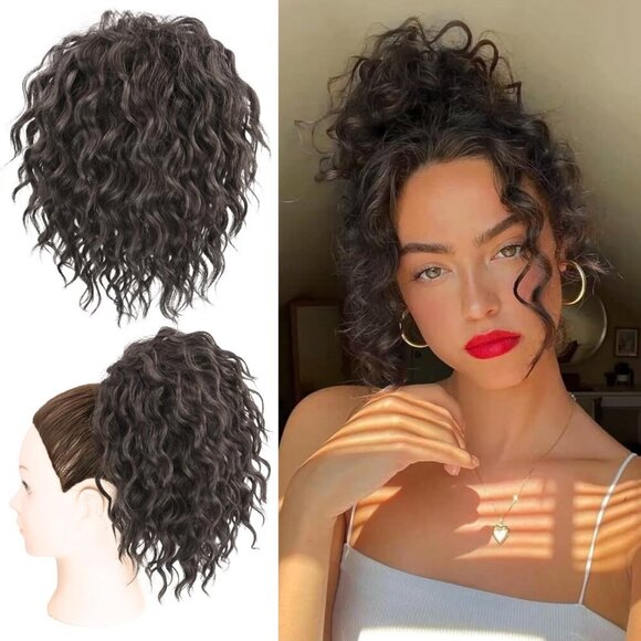 Messy Bun Hair Piece Elastic Drawstring 8in Black Brown Short Curly Style main image 4